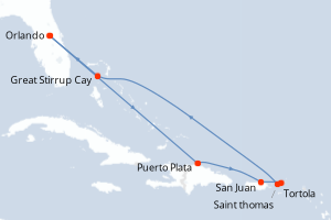 Carte itinéraire croisière États-Unis, République Dominicaine, Porto Rico, Royaume-Uni, Bahamas - 8 jours au départ de Orlando - Caraïbes Mexique