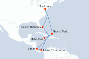 Carte itinéraire croisière Bahamas, Jamaïque, Costa Rica, Panama, États-Unis - 14 jours au départ de Baltimore - Amérique du Nord