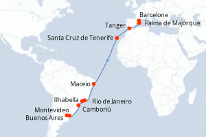 Carte itinéraire croisière Uruguay, Argentine, Brésil, Maroc, Espagne - 20 jours au départ de Montevideo - Transatlantique