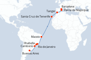 Carte itinéraire croisière Argentine, Brésil, Maroc, Espagne - 19 jours au départ de Buenos Aires - Transatlantique
