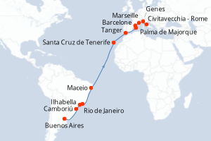 Carte itinéraire croisière Argentine, Brésil, Maroc, Espagne, France, Italie - 22 jours au départ de Buenos Aires - Transatlantique