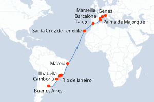 Carte itinéraire croisière Argentine, Brésil, Maroc, Espagne, France, Italie - 21 jours au départ de Buenos Aires - Transatlantique