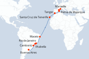 Carte itinéraire croisière Argentine, Brésil, Maroc, Espagne, France - 20 jours au départ de Buenos Aires - Transatlantique