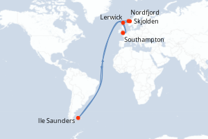 Carte itinéraire croisière Royaume-Uni, Norvège, Îles Malouines - 7 jours au départ de Southampton - Europe du Nord