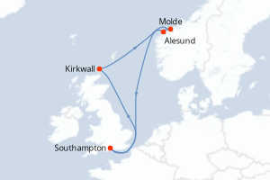 Carte itinéraire croisière Royaume-Uni, Norvège - 8 jours au départ de Southampton - Europe du Nord