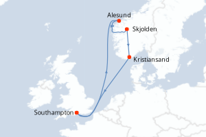 Carte itinéraire croisière Royaume-Uni, Norvège - 7 jours au départ de Southampton - Europe du Nord