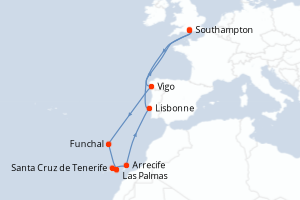 Carte itinéraire croisière Royaume-Uni, Portugal, Espagne - 12 jours au départ de Southampton - Europe du Nord
