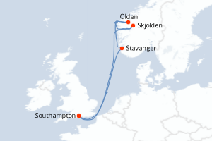 Carte itinéraire croisière Royaume-Uni, Norvège - 7 jours au départ de Southampton - Europe du Nord