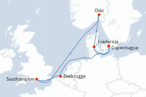 Carte itinéraire croisière Royaume-Uni, Norvège, Danemark, Belgique - 7 jours au départ de Southampton - Europe du Nord