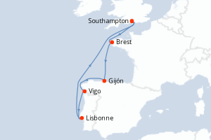 Carte itinéraire croisière Royaume-Uni, France, Espagne, Portugal - 7 jours au départ de Southampton - Europe du Nord