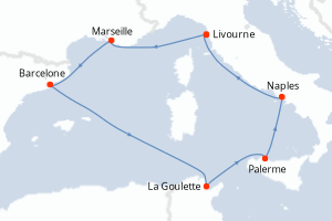 Carte itinéraire croisière Italie, France, Espagne, Tunisie - 7 jours au départ de Livourne - Méditerranée