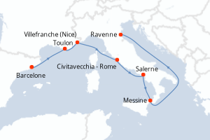 Carte itinéraire croisière Espagne, France, Italie - 7 jours au départ de Barcelone - Méditerranée