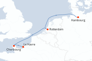 Carte itinéraire croisière Allemagne, Pays-Bas, France - 4 jours au départ de Hambourg - Europe du Nord