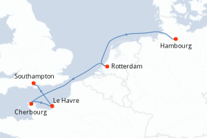 Carte itinéraire croisière Allemagne, Pays-Bas, France, Royaume-Uni - 5 jours au départ de Hambourg - Europe du Nord