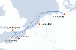 Carte itinéraire croisière Royaume-Uni, Allemagne, Pays-Bas, France - 7 jours au départ de Southampton - Europe du Nord