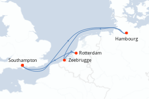 Carte itinéraire croisière Royaume-Uni, Allemagne, Belgique, Pays-Bas - 6 jours au départ de Southampton - Europe du Nord
