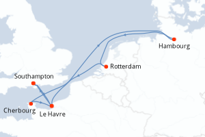 Carte itinéraire croisière Royaume-Uni, Allemagne, Pays-Bas, France - 8 jours au départ de Southampton - Europe du Nord