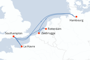 Carte itinéraire croisière France, Royaume-Uni, Allemagne, Belgique, Pays-Bas - 8 jours au départ de Le Havre - Europe du Nord