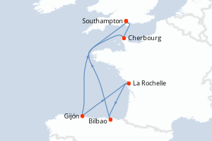 Carte itinéraire croisière Royaume-Uni, Espagne, France - 7 jours au départ de Southampton - Europe du Nord