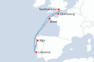 Carte itinéraire croisière Royaume-Uni, France, Portugal, Espagne - 7 jours au départ de Southampton - Europe du Nord