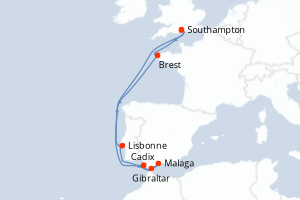 Carte itinéraire croisière France, Portugal, Royaume-Uni, Espagne - 9 jours au départ de Southampton - Europe du Nord