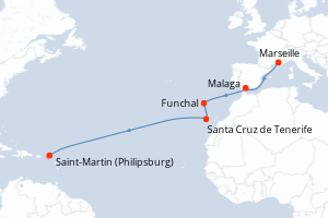 Carte itinéraire croisière France, Espagne, Madère, Canaries, Antilles - 12 jours au départ de Marseille - Transatlantique