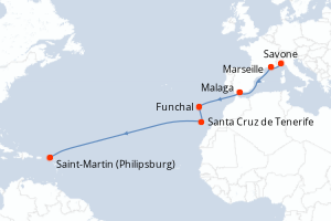 Carte itinéraire croisière Italie, France, Espagne, Madère, Canaries, Antilles - 13 jours au départ de Savone - Transatlantique