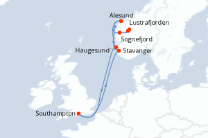 Carte itinéraire croisière Royaume-Uni, Norvège - 7 jours au départ de Southampton - Europe du Nord