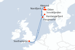 Carte itinéraire croisière Royaume-Uni, Norvège - 7 jours au départ de Southampton - Europe du Nord