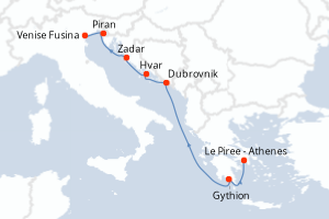 Carte itinéraire croisière Grèce, Croatie, Slovénie, Italie - 7 jours au départ de Le Piree - Athenes - Méditerranée