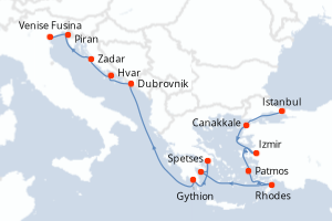 Carte itinéraire croisière Turquie, Grèce, Croatie, Slovénie, Italie - 14 jours au départ de Istanbul - Méditerranée