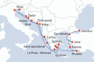 Carte itinéraire croisière Turquie, Grèce, Croatie, Slovénie, Italie, Monténégro - 21 jours au départ de Istanbul - Méditerranée