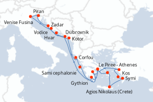 Carte itinéraire croisière Croatie, Slovénie, Italie, Monténégro, Grèce, Turquie - 21 jours au départ de Le Piree - Athenes - Méditerranée