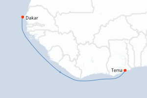 Carte itinéraire croisière Sénégal, Ghana - 13 jours au départ de Dakar - Afrique Centrale