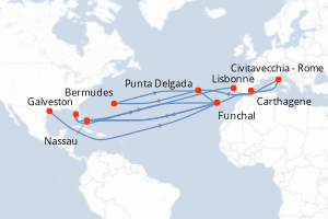 Carte itinéraire croisière Italie, États-Unis, Espagne, Portugal, Bahamas - 14 jours au départ de Galveston - Caraïbes Mexique