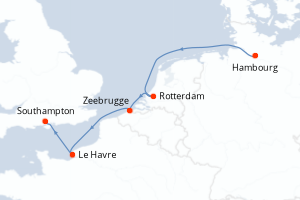 Carte itinéraire croisière Allemagne, Pays-Bas, Belgique, France, Royaume-Uni