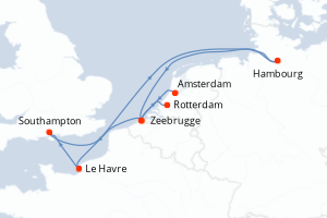 Carte itinéraire croisière Pays-Bas, Belgique, France, Royaume-Uni, Allemagne - 8 jours au départ de Amsterdam - Europe du Nord
