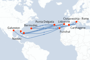 Carte itinéraire croisière Italie, États-Unis, Espagne, Portugal, Bahamas - 14 jours au départ de Galveston - Caraïbes Mexique