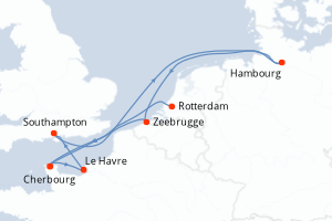 Carte itinéraire croisière Pays-Bas, France, Royaume-Uni, Allemagne, Belgique - 8 jours au départ de Rotterdam - Europe du Nord