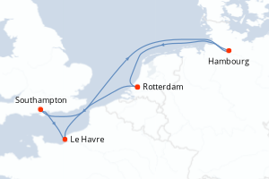 Carte itinéraire croisière Pays-Bas, Royaume-Uni, France, Allemagne - 6 jours au départ de Rotterdam - Europe du Nord