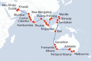 Carte itinéraire croisière Australie, Indonésie, Malaisie, Philippines, Vietnam, Singapour, Thaïlande, Sri Lanka, Inde, Oman, Emirats Arabes Unis - 47 jours au départ de Melbourne - Moyen-Orient Dubaï
