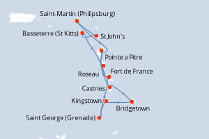 Carte itinéraire croisière Fort de France, Pointe-a-Pitre, Castries, Bridgetown, Kingstown, Saint  - 14 jours au départ de Fort de France - Caraïbes Bahamas