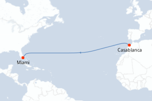 Carte itinéraire croisière De Casablanca a Miami - 11 jours au départ de Casablanca - Transatlantique