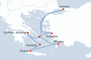 Carte itinéraire croisière Grèce, Turquie - 11 jours au départ de Le Piree - Athenes - Méditerranée