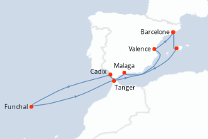 Carte itinéraire croisière Espagne, Portugal, Maroc - 11 jours au départ de Barcelone - Méditerranée