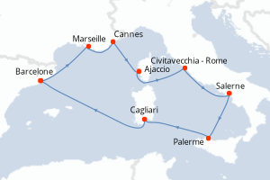 Carte itinéraire croisière Espagne, France, Italie - 10 jours au départ de Barcelone - Méditerranée