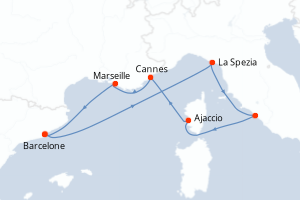 Carte itinéraire croisière Espagne, Italie, France - 7 jours au départ de Barcelone - Méditerranée