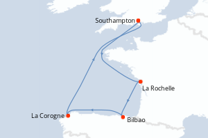 Carte itinéraire croisière Royaume-Uni, France, Espagne - 6 jours au départ de Southampton - Europe du Nord