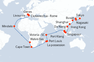 Carte itinéraire croisière Japon, Corée du Sud, Chine, Vietnam, Singapour, Malaisie, Seychelles, Maurice, France, Afrique du Sud, Namibie, Cap-Vert, Italie - 53 jours au départ de Tokyo - Méditerranée
