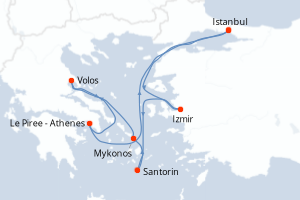 Carte itinéraire croisière Turquie, Grèce - 7 jours au départ de Istanbul - Méditerranée
